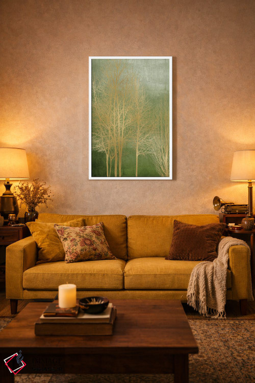 تابلو مدرن درختان طلایی روی پنل سبز I اثر کیت بنت - D2W