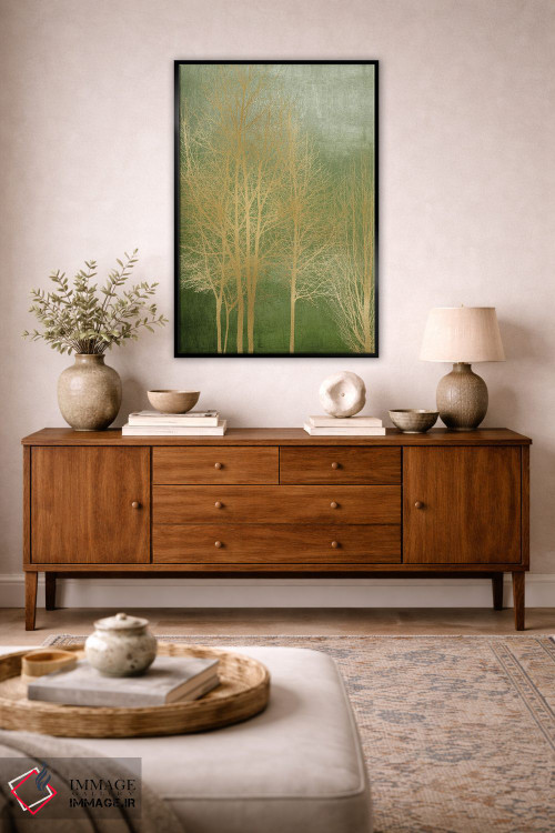 تابلو مدرن درختان طلایی روی پنل سبز I اثر کیت بنت - D5B