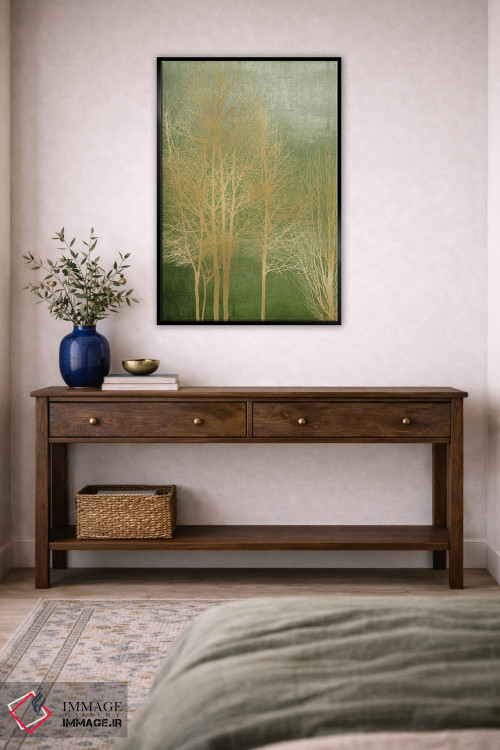 تابلو مدرن درختان طلایی روی پنل سبز I اثر کیت بنت - D6B