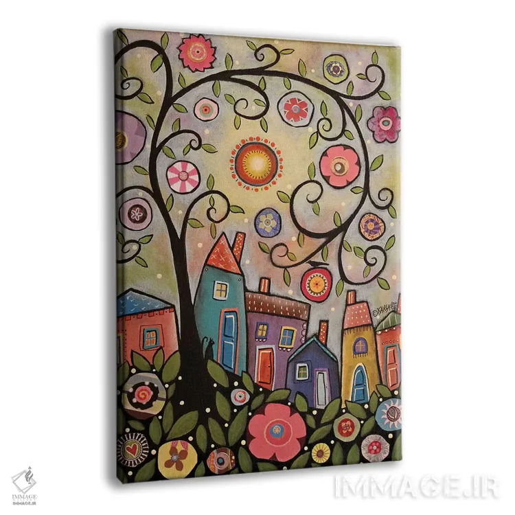 تابلو دکوراتیو روستای درختی کلاژ شده اثر کارلا جرارد - نمای پرسپکتیو محصول
