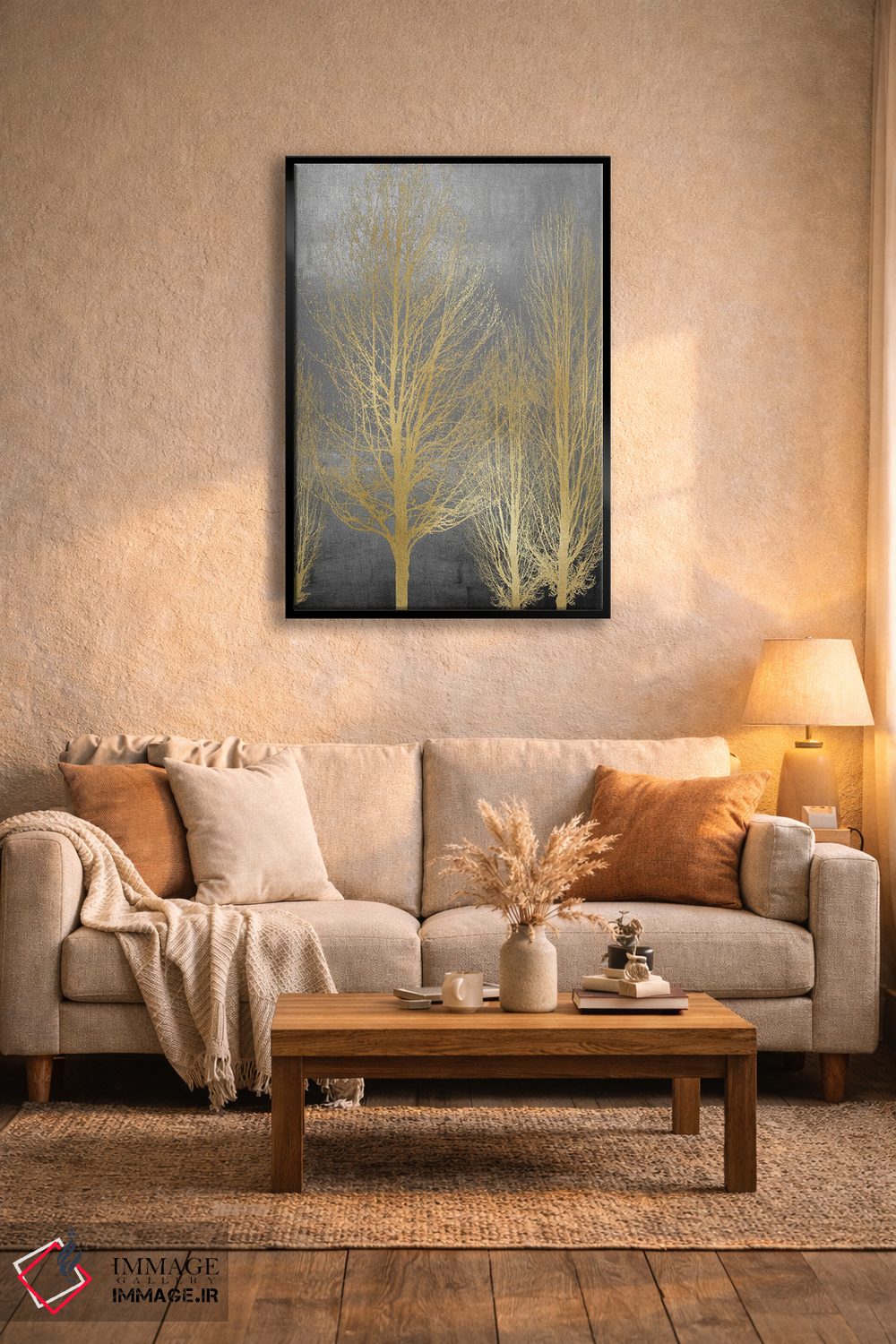 تابلو مدرن درختان طلایی روی پنل خاکستری II اثر کیت بنت - D4B