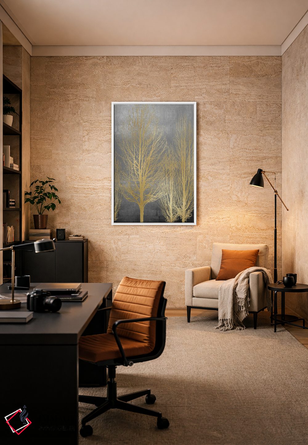 تابلو مدرن درختان طلایی روی پنل خاکستری II اثر کیت بنت - D5W