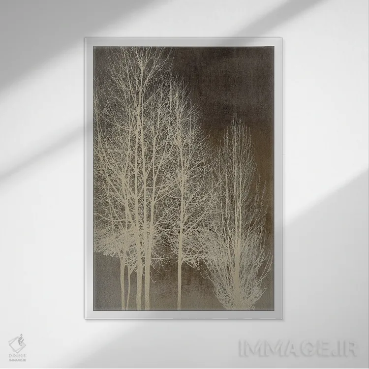 تابلو مدرن درختان روی پنل قهوه ای I اثر کیت بنت - نمای قابدار سفید