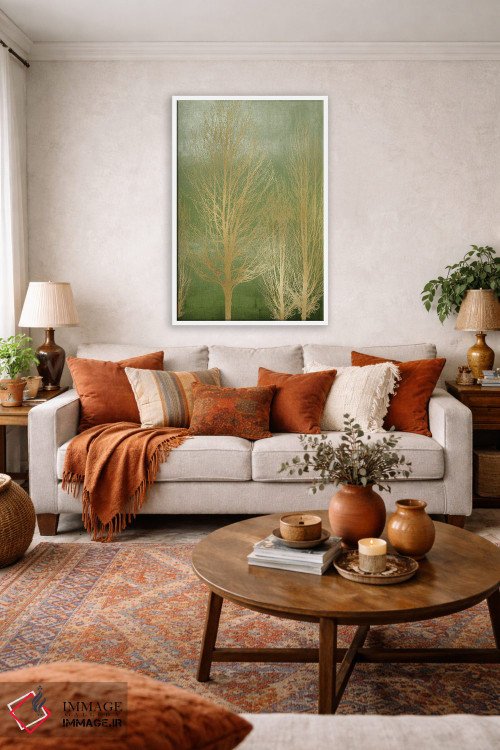 تابلو مدرن درختان طلایی روی پنل سبز II اثر کیت بنت - D2W