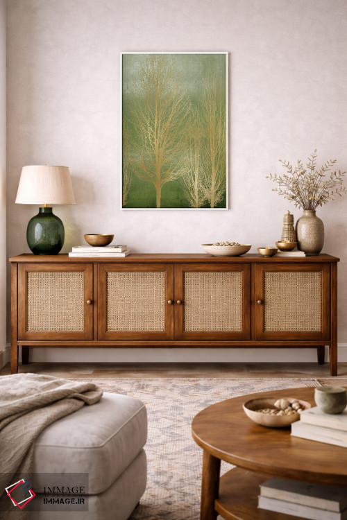 تابلو مدرن درختان طلایی روی پنل سبز II اثر کیت بنت - D3W