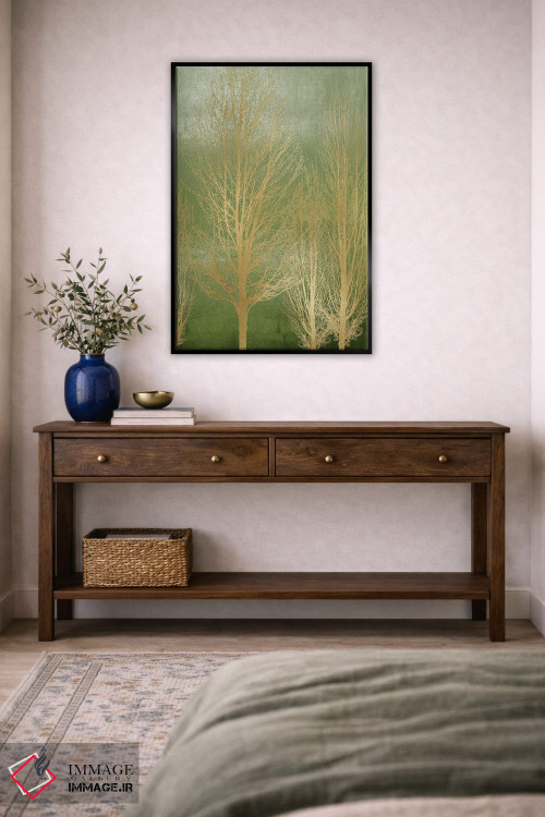 تابلو مدرن درختان طلایی روی پنل سبز II اثر کیت بنت - D4B