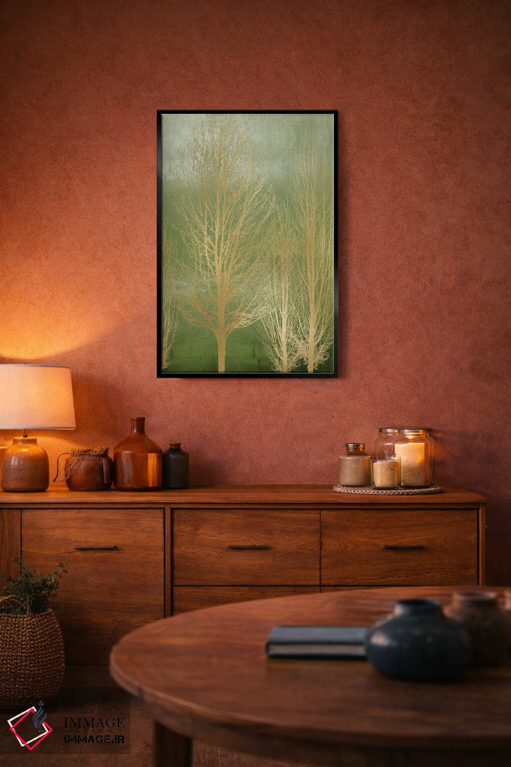 تابلو مدرن درختان طلایی روی پنل سبز II اثر کیت بنت - D5B
