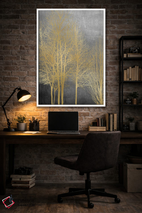 تابلو مدرن درختان طلایی روی پنل خاکستری I اثر کیت بنت - D4W