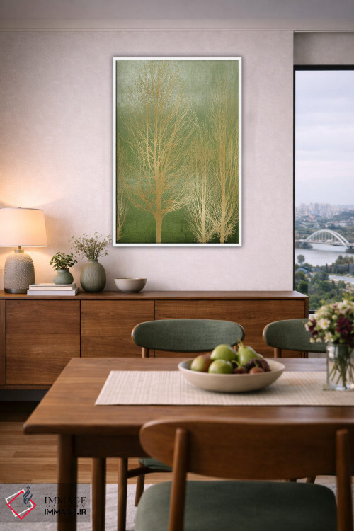تابلو مدرن درختان طلایی روی پنل سبز II اثر کیت بنت - D6W
