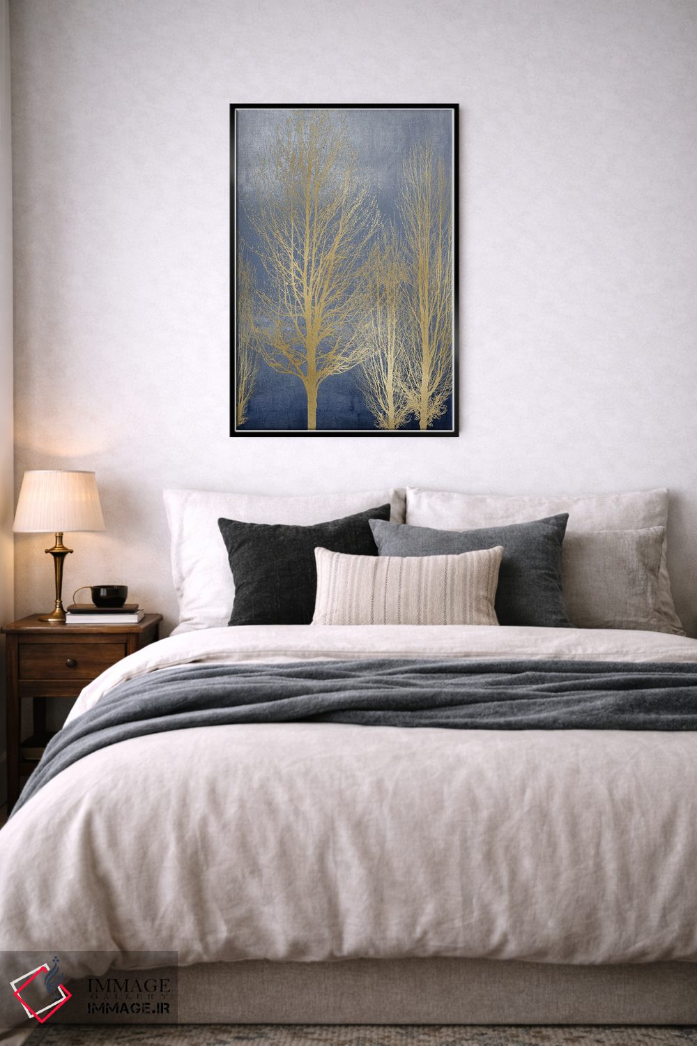 تابلو مدرن درختان طلایی روی پنل آبی II اثر کیت بنت - D6B