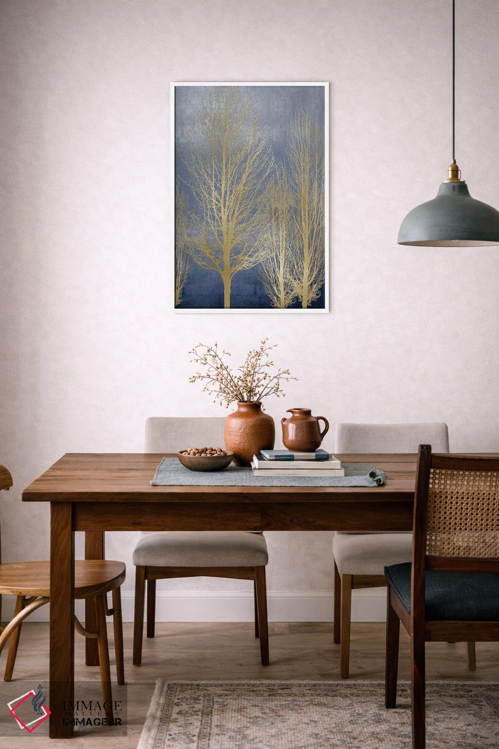 تابلو مدرن درختان طلایی روی پنل آبی II اثر کیت بنت - D5W