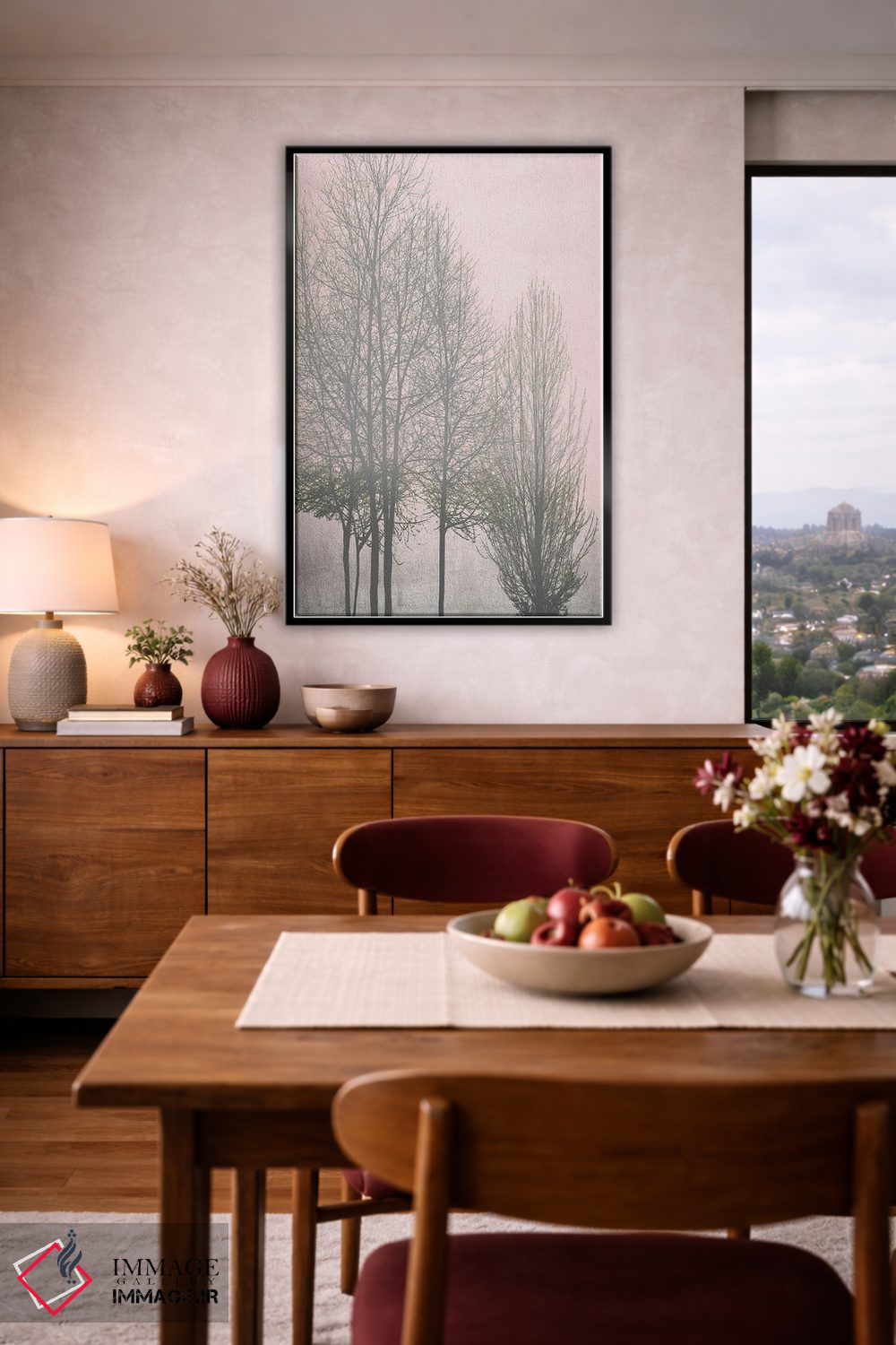 تابلو مدرن درختان خاکستری روی پنل صورتی I اثر کیت بنت - D5B