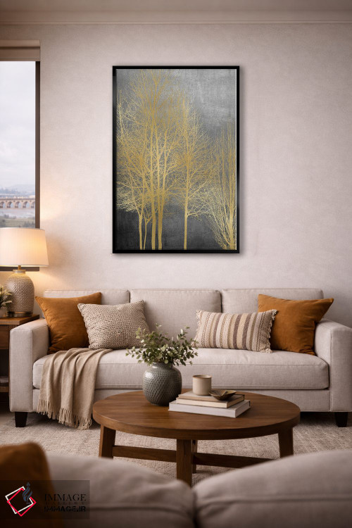 تابلو مدرن درختان طلایی روی پنل خاکستری I اثر کیت بنت - D6B