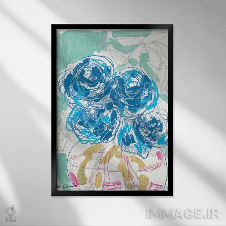 تابلو انتزاعی شکوفه های روی پاتختی در آب اثر کیت رابرتس - نمای قابدار مشکی