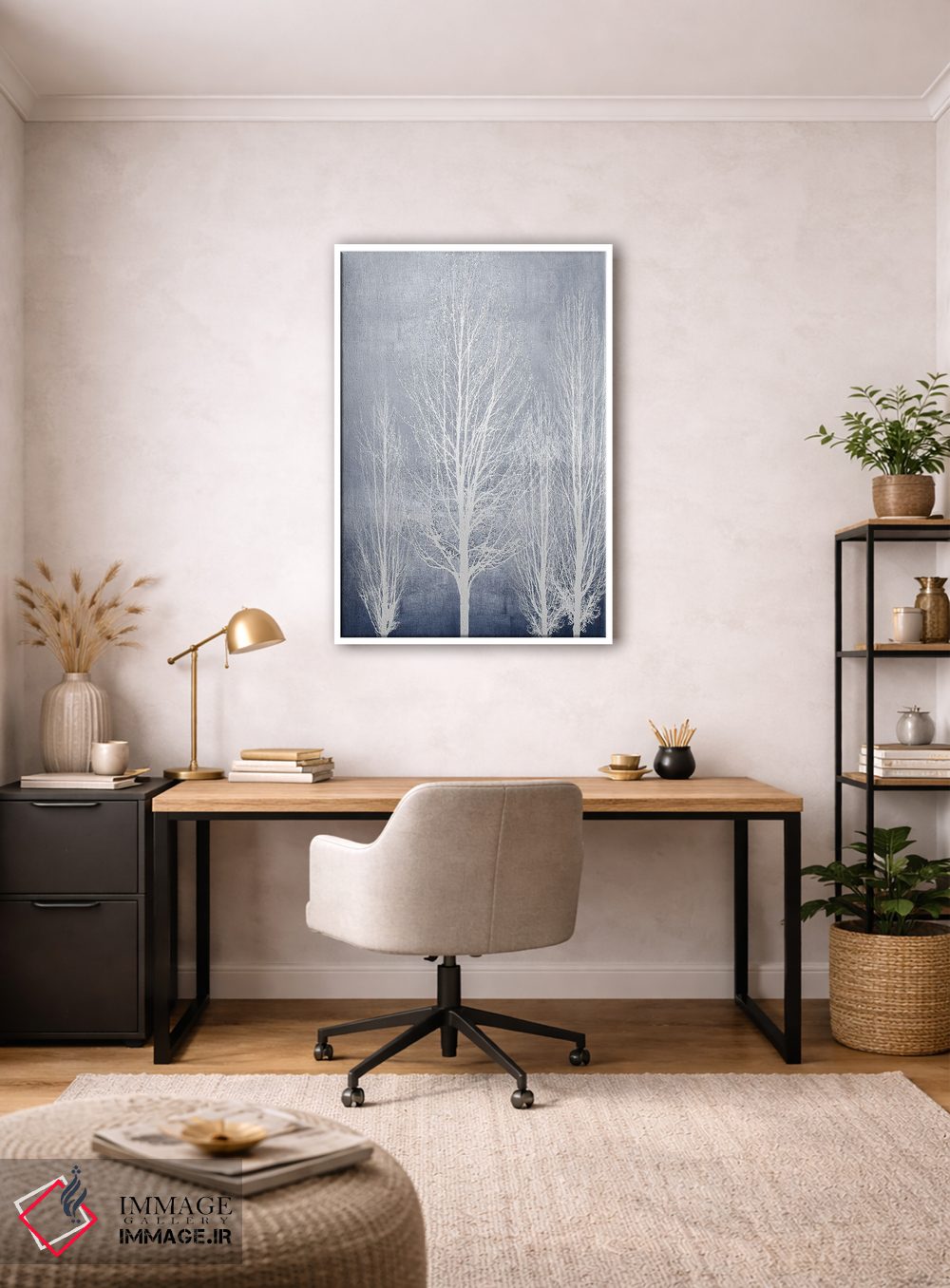 تابلو مدرن درختان سفید روی پنل آبی II اثر کیت بنت - D3W
