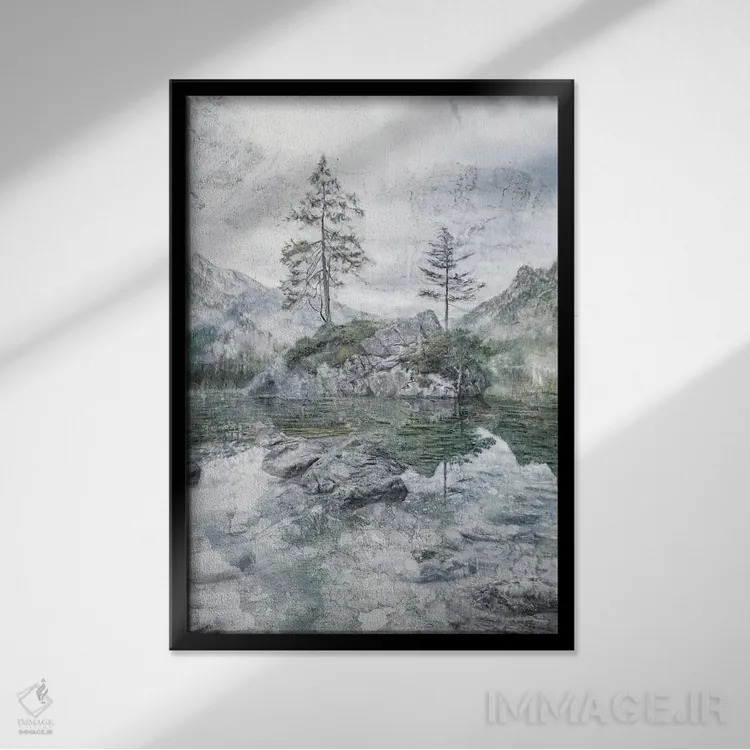 تابلو دکوراتیو تنهایی در کنار دریاچه و کوه اثر کاترینا جونز - نمای قابدار مشکی