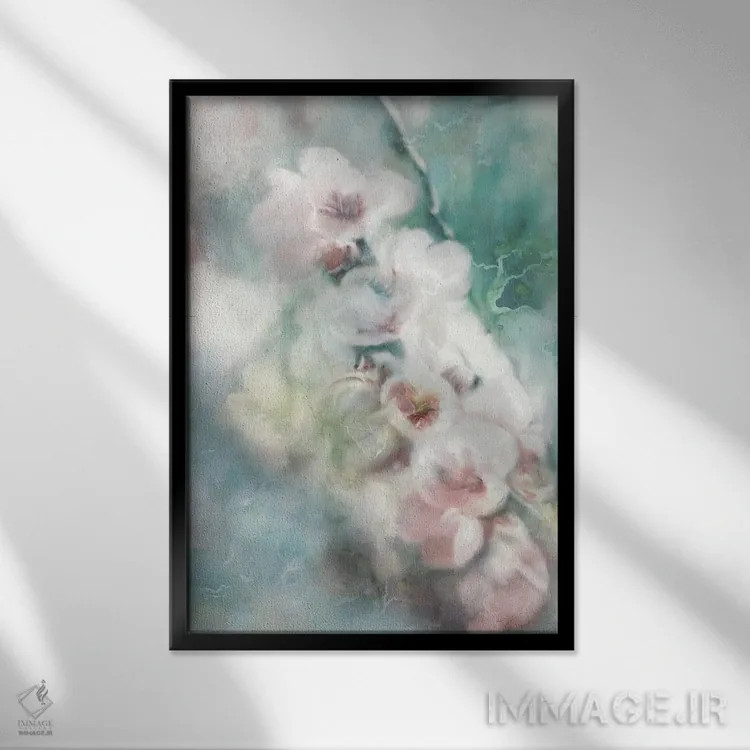 تابلو مدرن شاخه شکوفه دار اثر کاترینا جونز - نمای قابدار مشکی