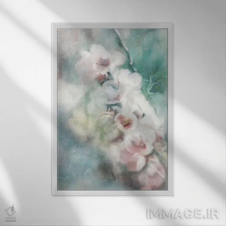 تابلو مدرن شاخه شکوفه دار اثر کاترینا جونز - نمای قابدار سفید