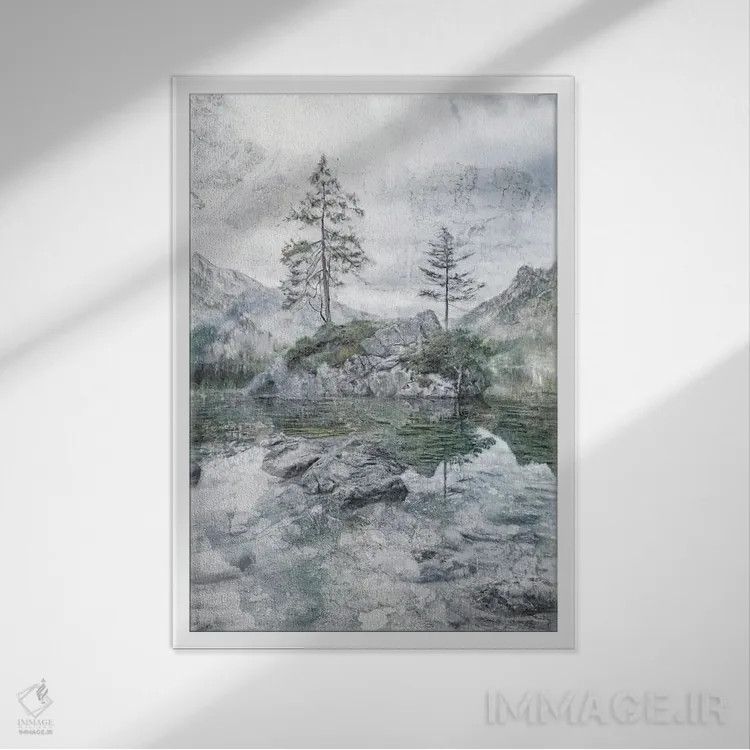 تابلو دکوراتیو تنهایی در کنار دریاچه و کوه اثر کاترینا جونز - نمای قابدار سفید