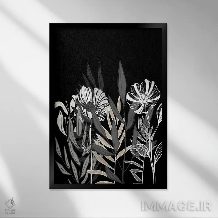 تابلو مینیمال برگ های گلدار اثر کیمبرلی آلن - نمای قابدار مشکی