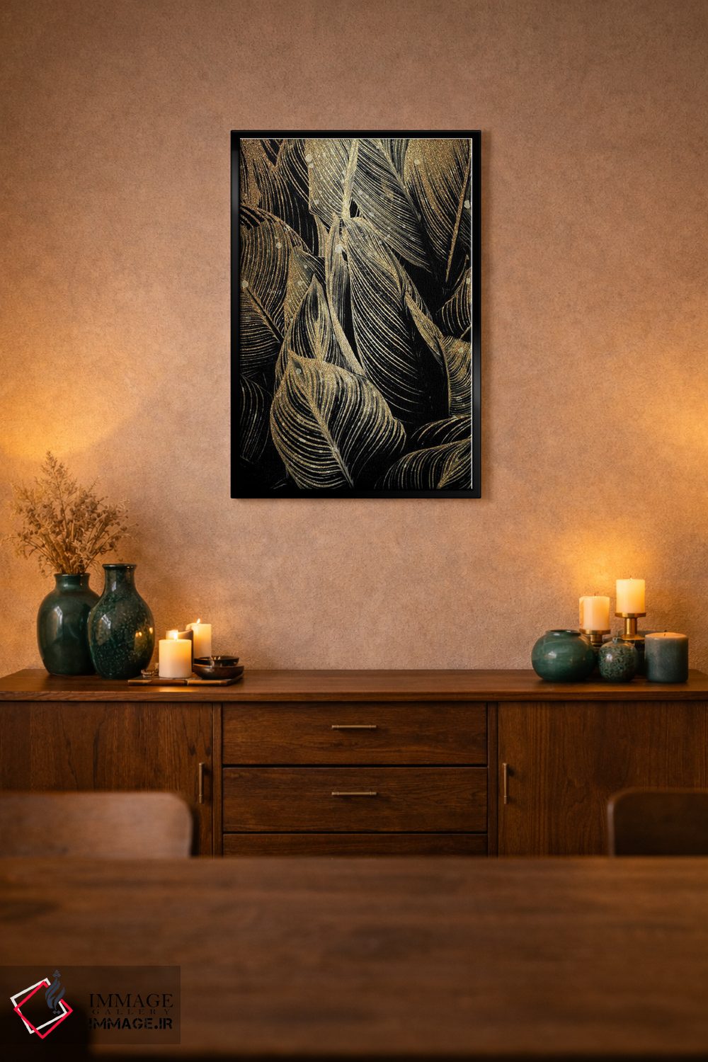 تابلو مدرن برگ های نخل نیمه شب به رنگ طلایی اثر کیمبرلی آلن - D2B