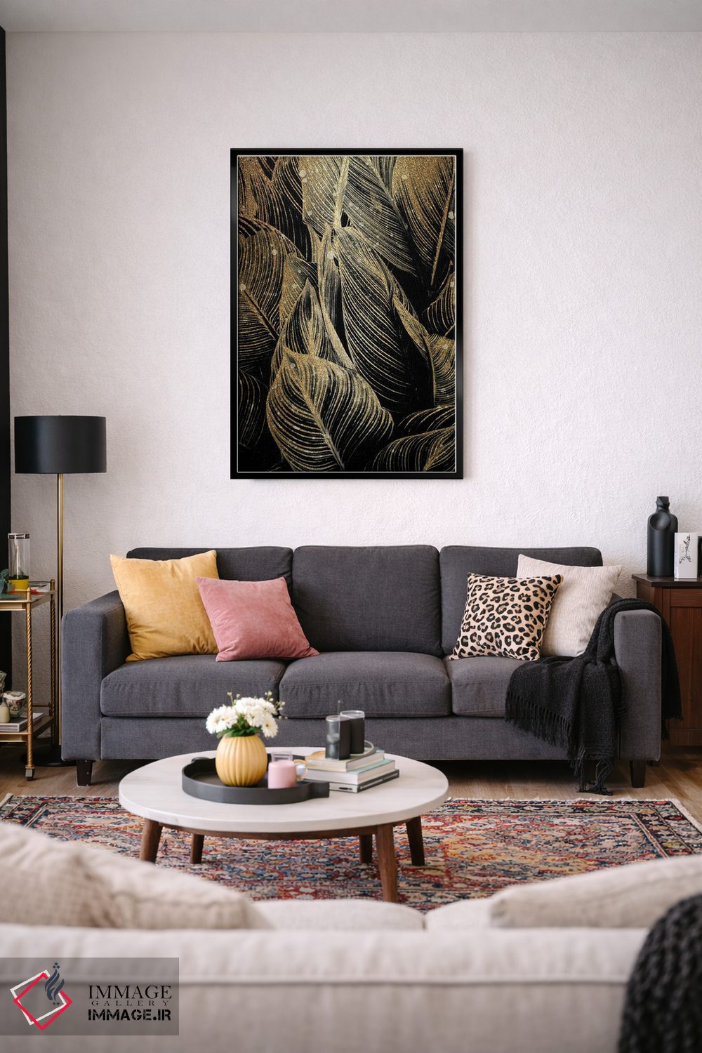 تابلو مدرن برگ های نخل نیمه شب به رنگ طلایی اثر کیمبرلی آلن - D4B