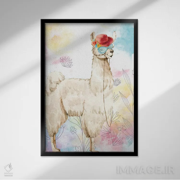 تابلو دکوراتیو لاما با کلاه شاپو اثر کیمبرلی آلن - نمای قابدار مشکی