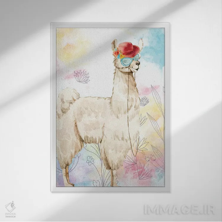 تابلو دکوراتیو لاما با کلاه شاپو اثر کیمبرلی آلن - نمای قابدار سفید