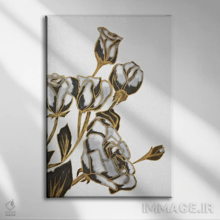 تابلو دکوراتیو White and Gold Roses,رزهای سیاه، سفید و طلایی اثر کالی ویلسون - نمای روبهرو روی دیوار