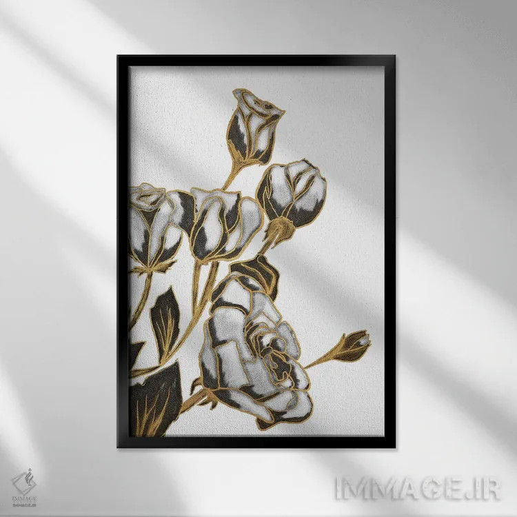 تابلو دکوراتیو White and Gold Roses,رزهای سیاه، سفید و طلایی اثر کالی ویلسون - نمای قابدار مشکی