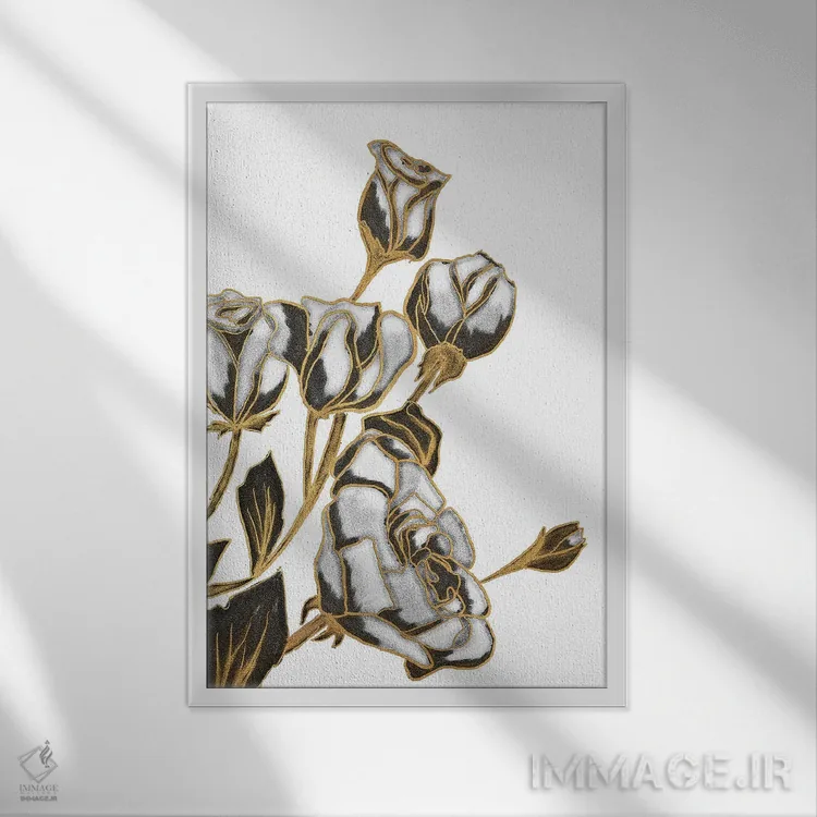 تابلو دکوراتیو White and Gold Roses,رزهای سیاه، سفید و طلایی اثر کالی ویلسون - نمای قابدار سفید