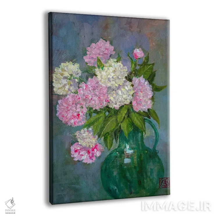 تابلو مدرن پئونی ها در گلدان سبز اثر کاتیا بلینی - نمای پرسپکتیو محصول