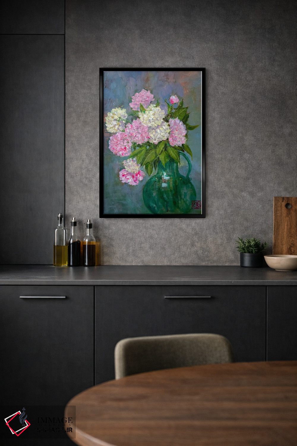 تابلو مدرن پئونی ها در گلدان سبز اثر کاتیا بلینی - D2B