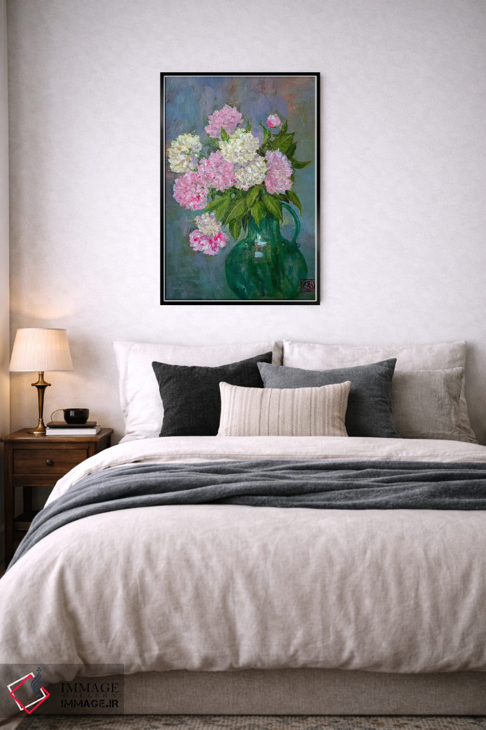 تابلو مدرن پئونی ها در گلدان سبز اثر کاتیا بلینی - D6B