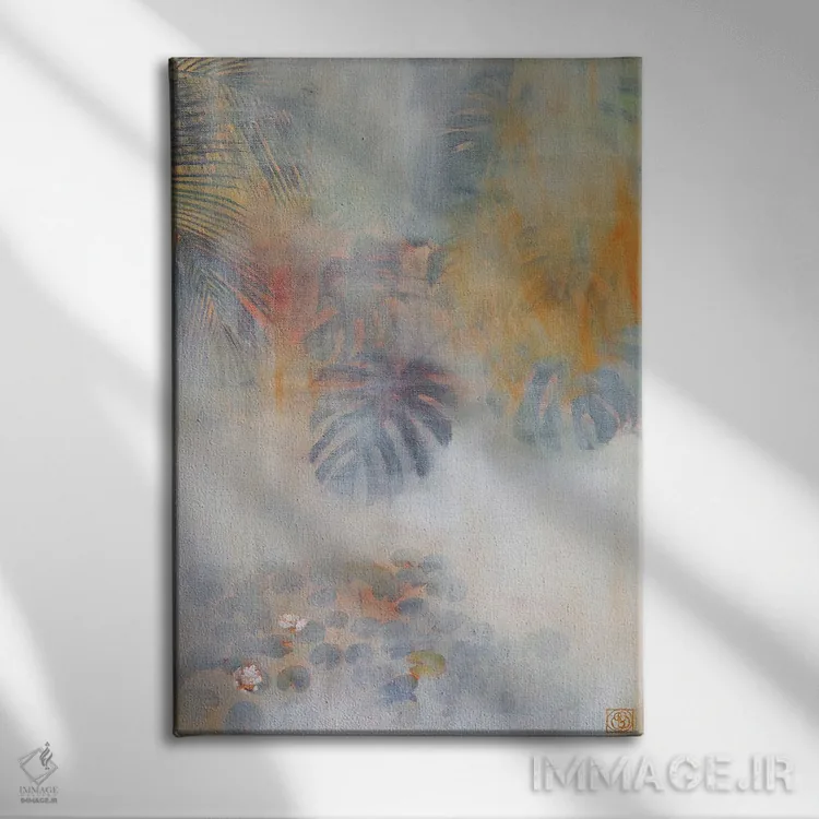 تابلو دکوراتیو برکه با نیلوفرهای آبی اثر کاتیا بلینی - نمای روبهرو روی دیوار