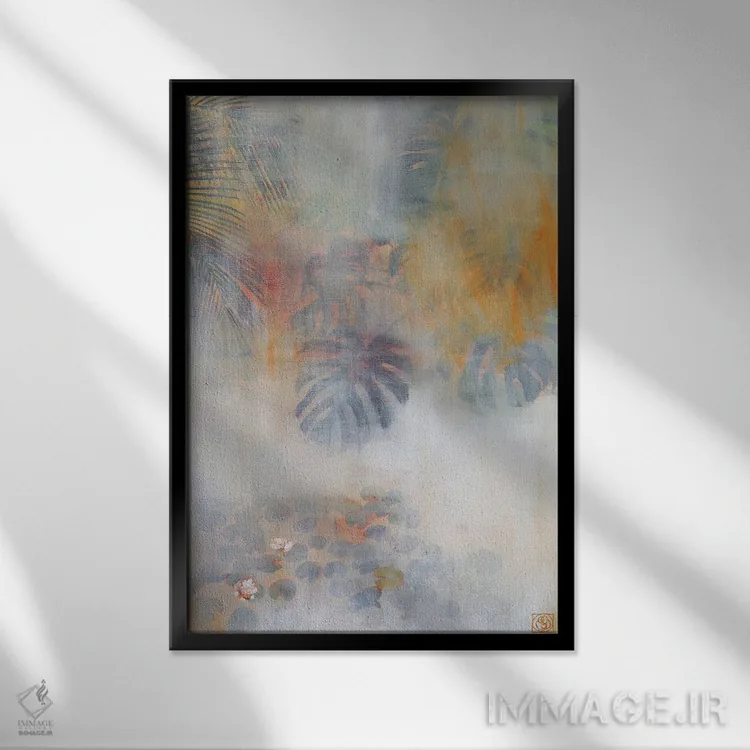 تابلو دکوراتیو برکه با نیلوفرهای آبی اثر کاتیا بلینی - نمای قابدار مشکی