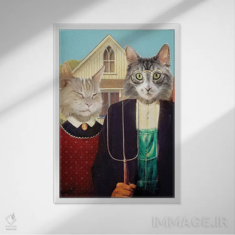 تابلو دکوراتیو گربه های سبک گوتیک آمریکایی اثر کارن بورک - نمای قابدار سفید