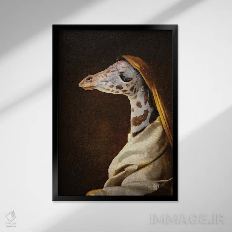 تابلو دکوراتیو پرتره زرافه جوان اثر کارن بورک - نمای قابدار مشکی