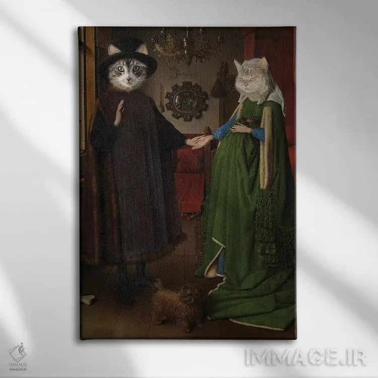 تابلو دکوراتیو گربه های عروسی آرنولفینی اثر کارن بورک - نمای روبهرو روی دیوار