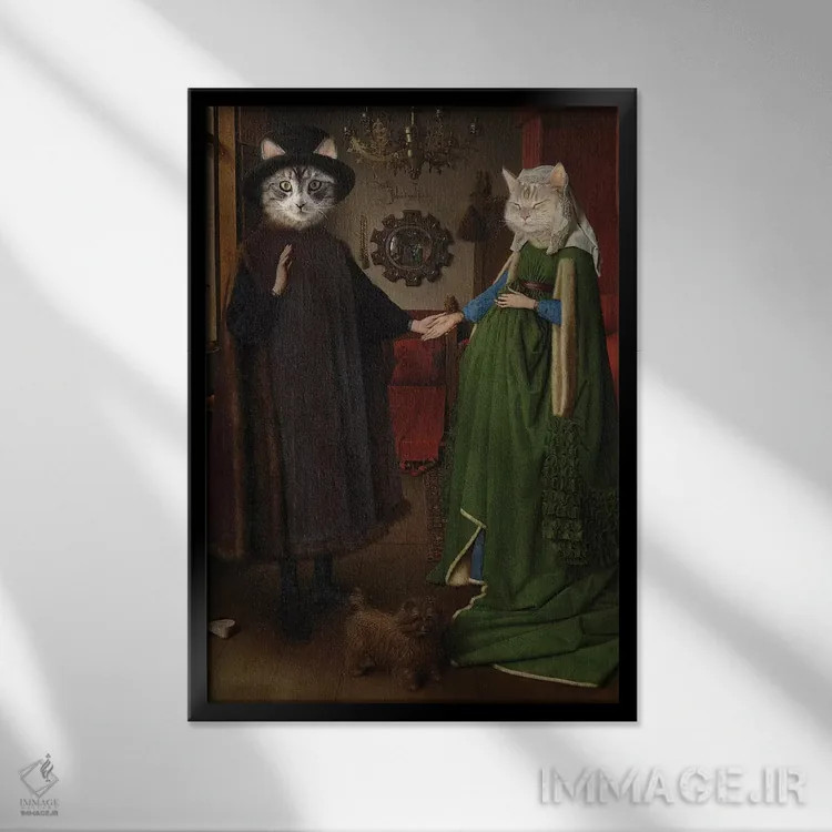 تابلو دکوراتیو گربه های عروسی آرنولفینی اثر کارن بورک - نمای قابدار مشکی