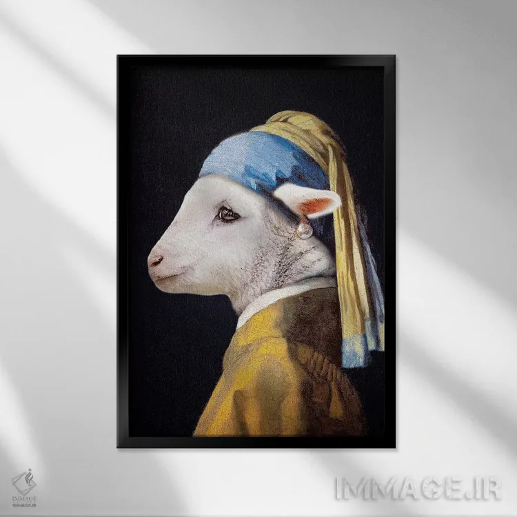 تابلو دکوراتیو بره با گوشواره مروارید اثر کارن بورک - نمای قابدار مشکی