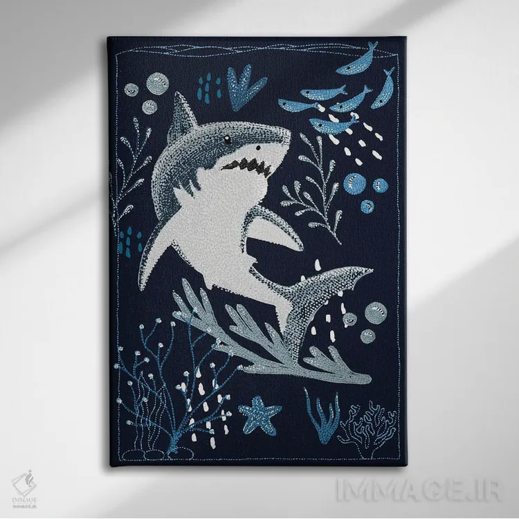 تابلو دکوراتیو کوسه سفید بزرگ باغ اقیانوس اثر کلسی امبلو - نمای روبهرو روی دیوار