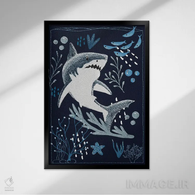 تابلو دکوراتیو کوسه سفید بزرگ باغ اقیانوس اثر کلسی امبلو - نمای قابدار مشکی