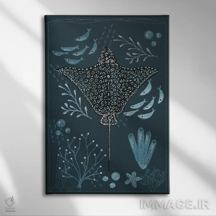 تابلو دکوراتیو سفره ماهی عقابی خال دار باغ اقیانوس اثر کلسی امبلو - نمای روبهرو روی دیوار