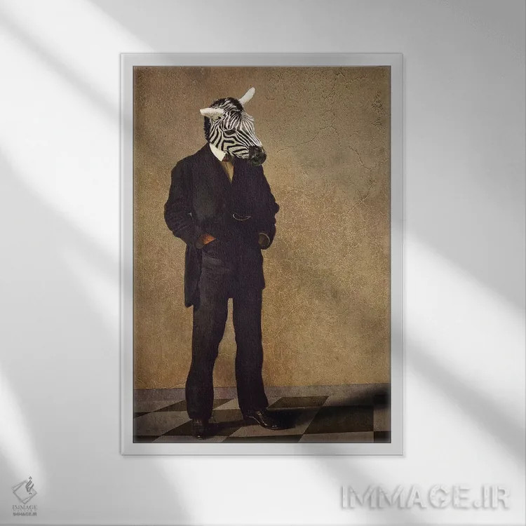 تابلو دکوراتیو گورخر متفکر اثر کارن بورک - نمای قابدار سفید