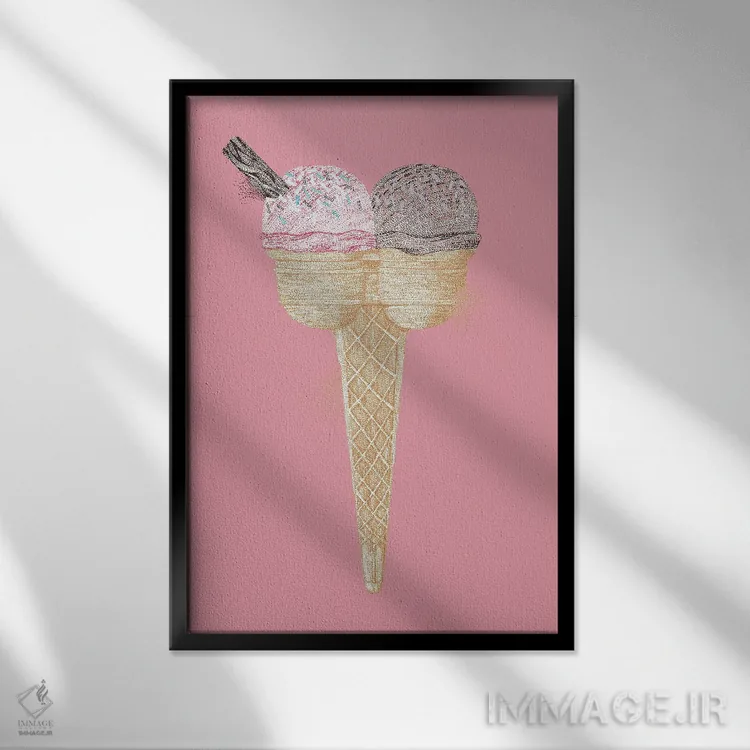 تابلو دکوراتیو بستنی قیفی دو اسکوپه لب ساحل تابستان اثر کلسی امبلو - نمای قابدار مشکی