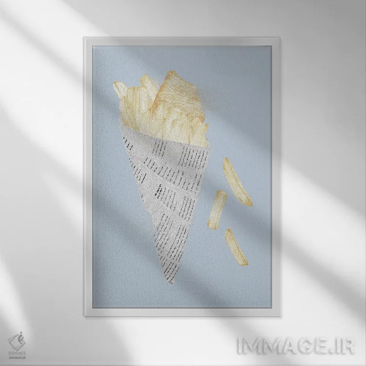 تابلو دکوراتیو ماهی و سیب زمینی لب ساحل تابستانی اثر کلسی امبلو - نمای قابدار سفید