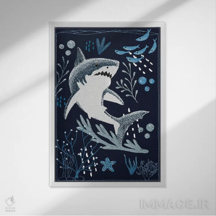 تابلو دکوراتیو کوسه سفید بزرگ باغ اقیانوس اثر کلسی امبلو - نمای قابدار سفید