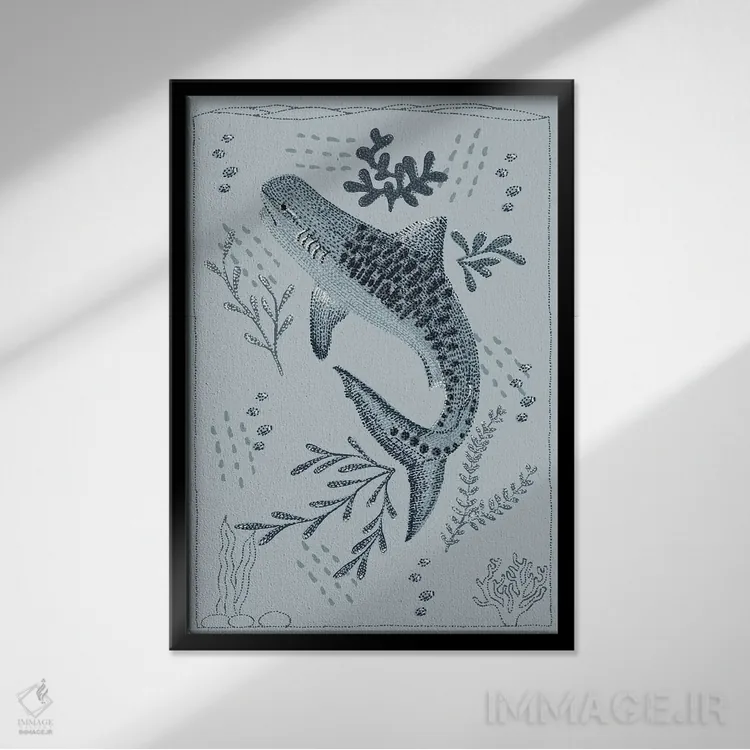 تابلو دکوراتیو کوسه ببری اثر کلسی امبلو - نمای قابدار مشکی