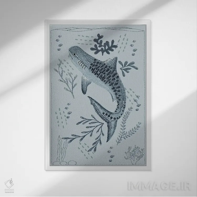 تابلو دکوراتیو کوسه ببری اثر کلسی امبلو - نمای قابدار سفید